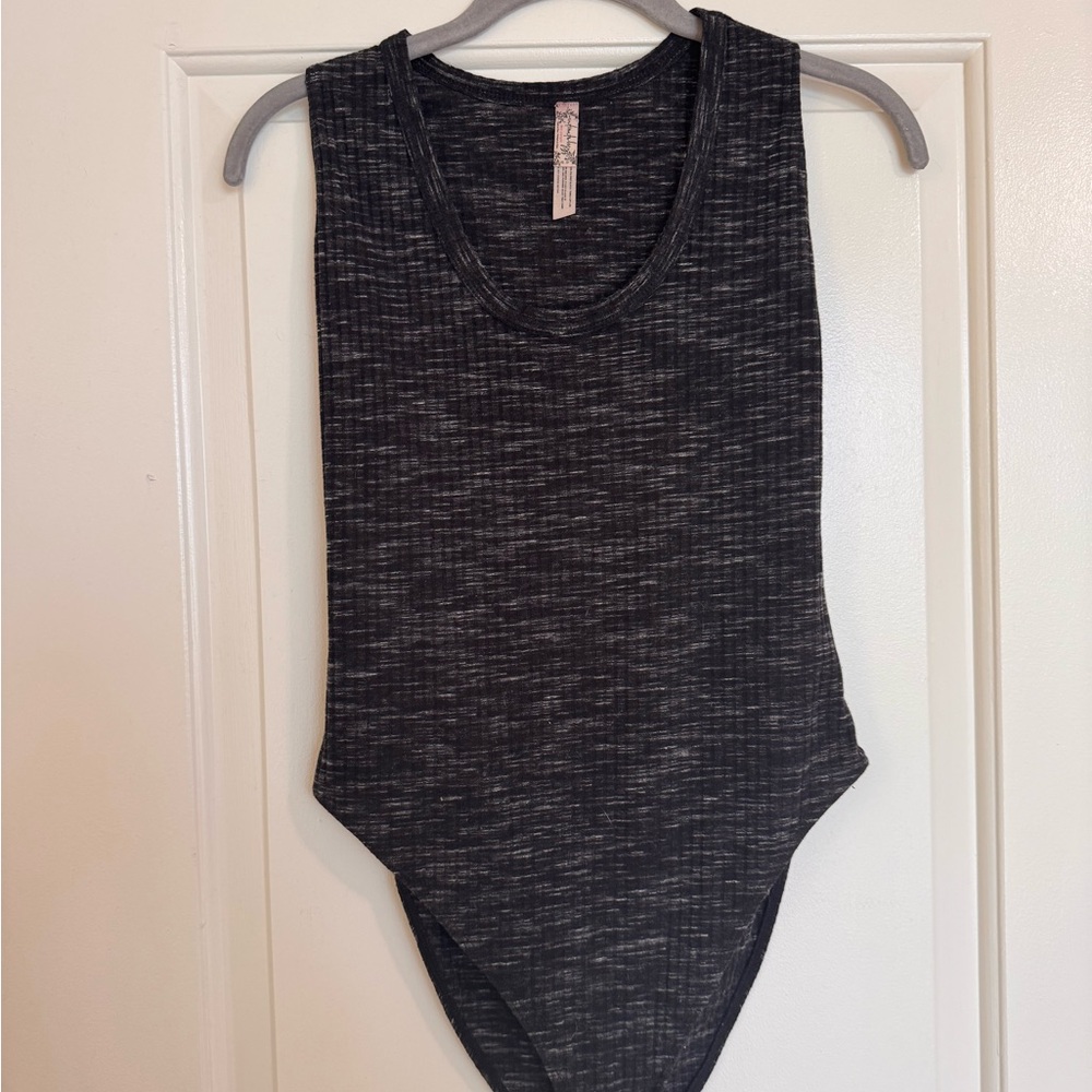 Free People Black Heather Ribbed Tank Bodysuit